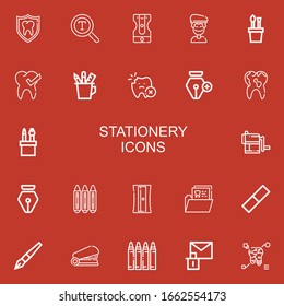 Editable 22 stationery icons for web and mobile. Set of stationery included icons line Tooth, Font, Sharpener, Artist, Pencil case, Pen, Crayons, Rubber, Staple on red background