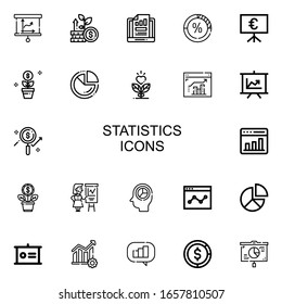 Editable 22 statistics icons for web and mobile. Set of statistics included icons line Presentation, Growth, Stats, Pie chart, Analytics, Graph, Statistics on white background