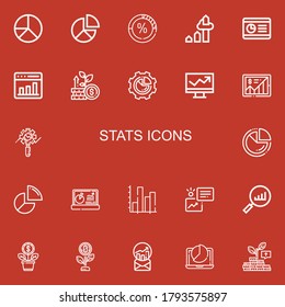 Editable 22 iconos de estadísticas para web y móvil. El conjunto de estadísticas incluye iconos línea Pie chart, Stats, Chart, Graph, Growth, Line chart, Statistics on red Background