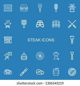 Editable 22 steak icons for web and mobile. Set of steak included icons line Bacon, Burger, Spatula, BBQ grill, Bbq, Barbecue, Grill, Ribs, Skewers, Fish food on blue background