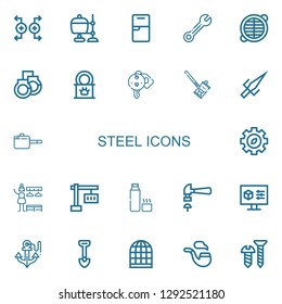 Editable 22 steel icons for web and mobile. Set of steel included icons line Magnet, Crucible, Fridge, Wrench, Grate, Handcuffs, Tinned food, Hotel key, Soda can on white background