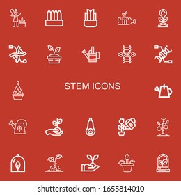 Editable 22 stem icons for web and mobile. Set of stem included icons line Birch, Plant, Dna, Watering can, Hanging pot, Butternut squash, Sprout, Flower pot on red background