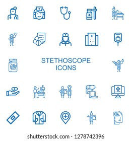 Editable 22 stethoscope icons for web and mobile. Set of stethoscope included icons line Doctor, Nurse, Stethoscope, Medicine, Veterinarian, Cardiologist, Medical prescription on white background