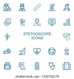 Editable 22 iconos de estetoscopio para web y móvil. El conjunto de estetoscopio incluye íconos de la línea Medicina, Médico, Banda, Hospital, Receta Médica, Veterinaria con fondo blanco