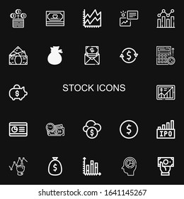 Editable 22 stock icons for web and mobile. Set of stock included icons line Money, Line chart, Statistics, Analysis, Currency exchange, Budget, Piggy bank on black background