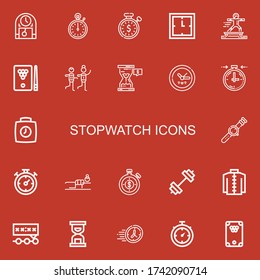 Editable 22 stopwatch icons for web and mobile. Set of stopwatch included icons line Clock, Stopwatch, Sport, Billiard, Racing, Hourglass, Stopclock, Watch, Chronometer on red background