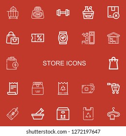 Editable 22 store icons for web and mobile. Set of store included icons line Food cart, Bag, Weight, Shopping basket, Package, Shopping bag, Sale, Lockers, Warehouse on red background