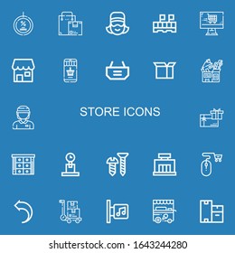 Editable 22 store icons for web and mobile. Set of store included icons line Discount, Box, Cashier, Package, Online shop, Shop, Online shopping, Shopping basket on blue background