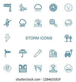 Editable 22 storm icons for web and mobile. Set of storm included icons line Wind sign, Snow, Electric, Shocked, Flash, Rain, Disaster, Storm, Wind, Windsock on white background