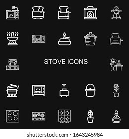 Editable 22 stove icons for web and mobile. Set of stove included icons line Microwave, Toaster, Fireplace, Cooker, Oven, Microwave oven, Burner, Pot, Waffle iron on black background