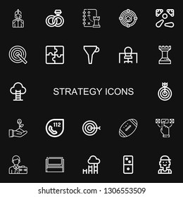Editable 22 strategy icons for web and mobile. Set of strategy included icons line Knight, Engagement, Strategy, Target, Pinball, Puzzle, Funnel, Office, Goal on black background