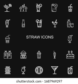 Editable 22 straw icons for web and mobile. Set of straw included icons line Cocktail, Bar, Drink, Ice coffee, Milkshake, Juice, Alcoholic drink, Drinks, Soda on black background