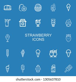Editable 22 strawberry icons for web and mobile. Set of strawberry included icons line Sponge cake, Kiwi, Fruit, Ice cream, Jam, Strawberry, Chocolate bar on blue background