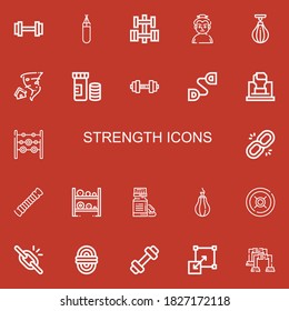 Editable 22 strength icons for web and mobile. Set of strength included icons line Weight, Punching bag, Dumbbell, Sumo, Boxing bag, Tornado, Vitamins, Chest expander on red background