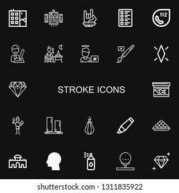 Editable 22 stroke icons for web and mobile. Set of stroke included icons line Graffiti, Ui, Maloik, Test, , Interview, Terrace, Virus, Brush, Diamond, Fish food on black background