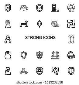 Editable 22 strong icons for web and mobile. Set of strong included icons line Shield, Strength, Protection, Sumo, Bench press, Punching bag, Weight plates on white background