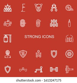 Editable 22 strong icons for web and mobile. Set of strong included icons line Mass, Gym station, Rhino, Barbell, Weight plates, Diet, Rope, Dumbbell, Punching bag on red background