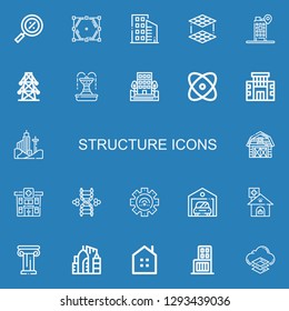 Editable 22 structure icons for web and mobile. Set of structure included icons line Percentage, Polygon, Buildings, Layers, Hospital, Electric tower, Fountain on blue background