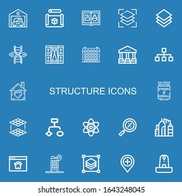 Editable 22 structure icons for web and mobile. Set of structure included icons line Garage, Cube, Chemistry, Layers, Layer, Dna, Stage, Building, Courthouse on blue background