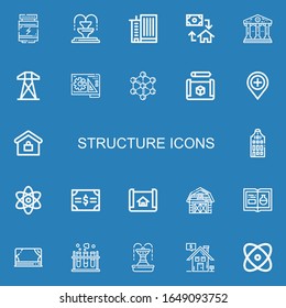 Editable 22 structure icons for web and mobile. Set of structure included icons line Proteins, Fountain, Office building, Mortgage, Courthouse, Electric tower on blue background