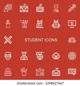 Editable 22 student icons for web and mobile. Set of student included icons line Student, School, Pencil, Pencil case, Graduation, Owl, Backpack, Online education on red background