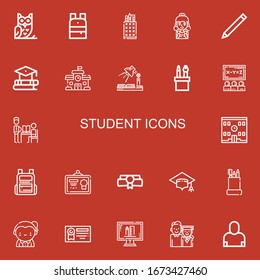 Editable 22 student icons for web and mobile. Set of student included icons line Owl, Backpack, Pencil case, Student, Pencil, Education, School, Study, Class on red background