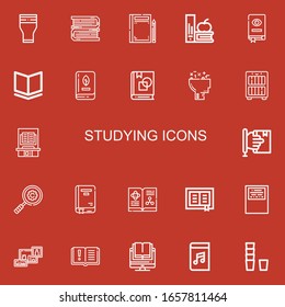 Editable 22 studying icons for web and mobile. Set of studying included icons line Glass, Books, Book, Art book, Learning, Bookcase, Magnifying glass, Workbook on red background
