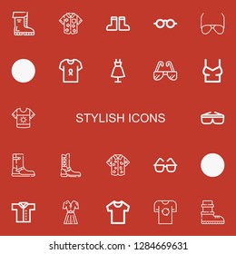 Editable 22 stylish icons for web and mobile. Set of stylish included icons line Boots, Shirt, Sunglasses, Boot, Fashion on red background