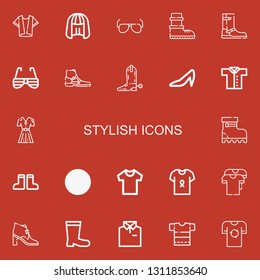 Editable 22 stylish icons for web and mobile. Set of stylish included icons line Shirt, Wig, Sunglasses, Boots, Boot, Heels, Fashion on red background