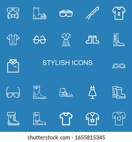 Editable 22 stylish icons for web and mobile. Set of stylish included icons line Sunglasses, Boot, Hairpin, Shirt, Fashion, Boots on blue background