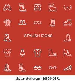 Bearbeitbar 22 stylische Icons für Web und Mobile. Set Set mit stylischen Ikonen Zeile Sonnenbrillen, Stiefel, Hemd, Boot, Mode, Absätze auf rotem Hintergrund
