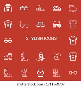 Editable 22 stylish icons for web and mobile. Set of stylish included icons line Wig, Sunglasses, Boot, Boots, Shirt, Fashion on red background