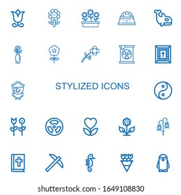 Editable 22 stylized icons for web and mobile. Set of stylized included icons line Flower, Flowers, Plate, Orca, Radiation, Bible, Parrot, Yin yang, Pick, Seahorse on white background