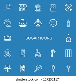 Editable 22 sugar icons for web and mobile. Set of sugar included icons line Lollipop, Coffee shop, Coffee, Chocolate, Doughnut, Donut, Tea, Macaron, Biscuit on blue background