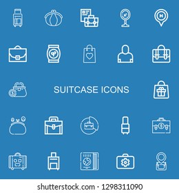 Editable 22 suitcase icons for web and mobile. Set of suitcase included icons line Suitcase, Purse, Briefcase, Airport, Hotel, Case, Bag, Salesman, Luggage on blue background