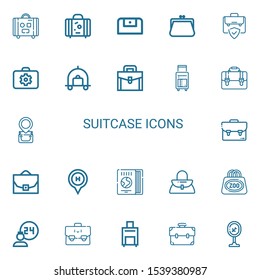 Editable 22 suitcase icons for web and mobile. Set of suitcase included icons line Suitcase, Purse, Portfolio, Briefcase, Luggage, Bag, Case, Hotel, Travel guide on white background