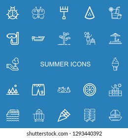 Editable 22 summer icons for web and mobile. Set of summer included icons line Ladybird, Butterfly, Rake, Watermelon, Lemonade, Dive, Boat, Tree, Birch, Sand on blue background