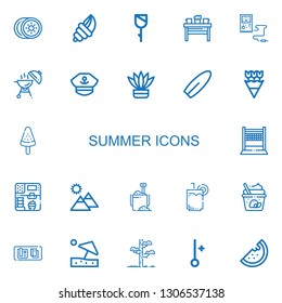 Editable 22 summer icons for web and mobile. Set of summer included icons line Kiwi, Seashell, Rose, Table, Thermometer, Barbecue, Captain, Fern, Surfboard on white background