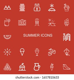 Editable 22 summer icons for web and mobile. Set of summer included icons line Mountains, Drinks, Lifejacket, Beach, Sand bucket, Drink, Bbq, Surfboard, Camping on red background