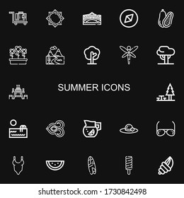 Editable 22 iconos de verano para web y móvil. Juego de verano incluido íconos línea equipaje, sol, puente Rialto, aventura, coco, flores, montañas, árbol, libélula sobre fondo negro