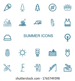 Editable 22 summer icons for web and mobile. Set of summer included icons line Ice cream, Tree, Adventure, Fern, Sea, Picnic, Caravan, Surfboard, Sleeveless on white background