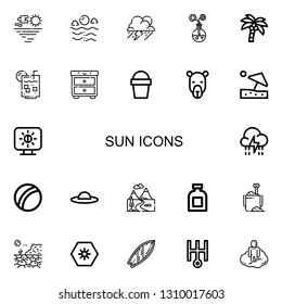 Editable 22 sun icons for web and mobile. Set of sun included icons line Sea, Storm, Energy, Coconut tree, Lemon juice, Night, Sand bucket, Camel, Beach umbrella on white background