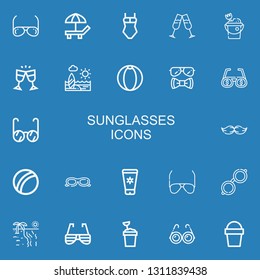 Editable 22 sunglasses icons for web and mobile. Set of sunglasses included icons line Sunglasses, Beach, Swimsuit, Glasses, Sand bucket, Beach ball, Moustache on blue background