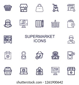 Editable 22 supermarket icons for web and mobile. Set of supermarket included icons line Basket, Shop, Bag, Delivery cart, Store, Cashier, Online shop, Shopping list on white background