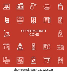 Editable 22 supermarket icons for web and mobile. Set of supermarket included icons line Shopping online, Cashier, Online shop, Basket, Paper bag, Trolley, Online store on red background