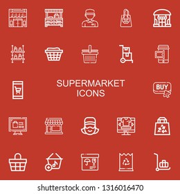 Editable 22 supermarket icons for web and mobile. Set of supermarket included icons line Online shop, Store, Cashier, Shopping bag, Shop, Shelf, Basket, Shopping basket on red background