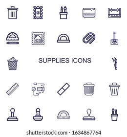 Editable 22 supplies icons for web and mobile. Set of supplies included icons line Bin, Stamp, Pencil case, Ruler, Protractor, Paper clip, Toilet brush, Trash can on white background