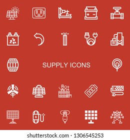 Editable 22 supply icons for web and mobile. Set of supply included icons line Solar panel, Socket, Electric telegraph, Battery, Pipe, Return, Wire, Charge, Reservoir on red background