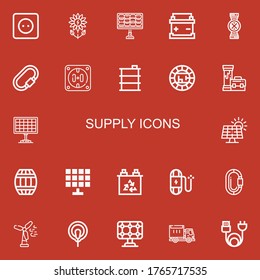 Editable 22 supply icons for web and mobile. Set of supply included icons line Socket, Green power, Solar panel, Battery, Pipes, Carabiner, Barrel, Electric on red background