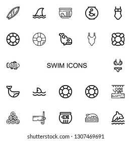 Editable 22 swim icons for web and mobile. Set of swim included icons line Surfboard, Shark, Fishbowl, Swimsuit, Lifesaver, Orca, Clown fish, Bikini, Whale on white background
